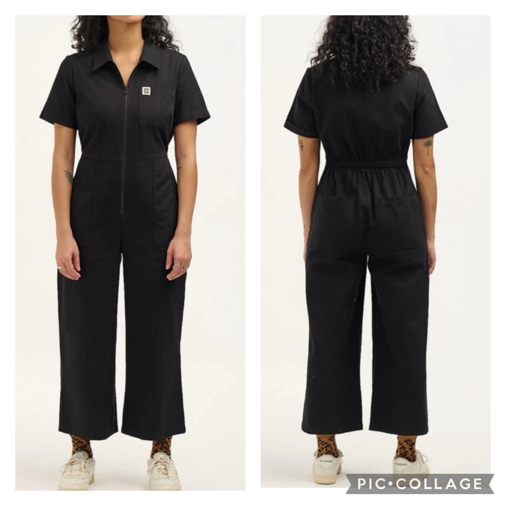 Lucy & Yak Ragan Black Denim Zip Closure Wide Crop Leg Jumpsuit Boilersuit Sz 14